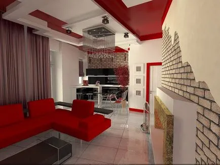 Piros kanapé a nappali belső - 50 fotó példák