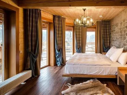 Interiorul cabana stil - cameră de design, dormitor, bucătărie