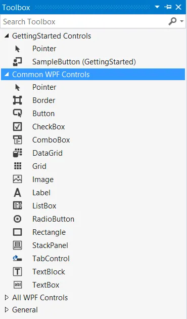 Visual studio, eszköztár panel