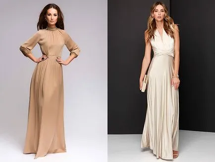 Rochie bej feminin și elegant pe podea