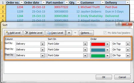 Hogyan, hogy az Excel 2010-ben és 2013-ban állítsa be a szűrőt, és a fajta szín kitöltse a cellák színét és betűtípusát