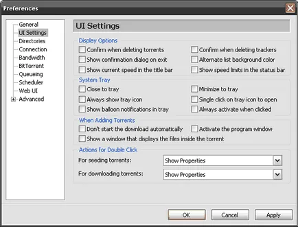 Създаване Utorrent - интерфейс за настройките, дисплея Настройки за показване
