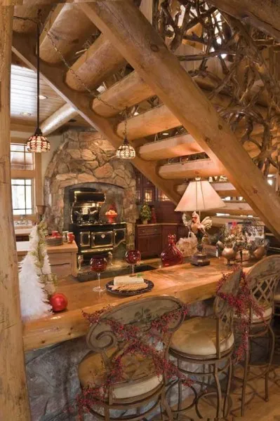 Interiorul casei dintr-un bar - un interesant proiect de design camera de zi și bucătăria de cabane particulare (Foto &