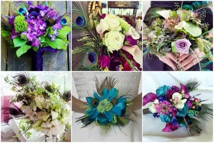 Esküvői csokor páva toll tervezési lehetőségeket és ezek a virágok, az ötlet fotókkal