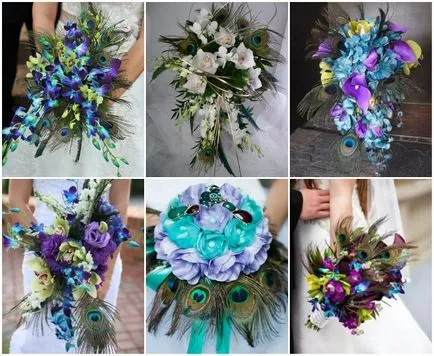 Esküvői csokor páva toll tervezési lehetőségeket és ezek a virágok, az ötlet fotókkal