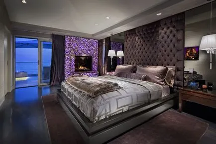plafon suspendat în dormitor lucioasă și mată cu iluminare din spate, designul cu două nivele, cu o imagine și