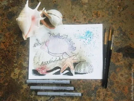 Rajz akvarell egy tengeri stílusban „tenger gyümölcsei” - tisztességes iparos - kézzel készített, kézzel készített