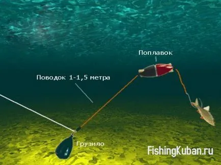 Долната корпуса и поплавък под водата - риболов в Кубан